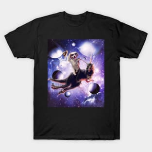 Golden Retriever Riding Dinosaur In Space T-Shirt